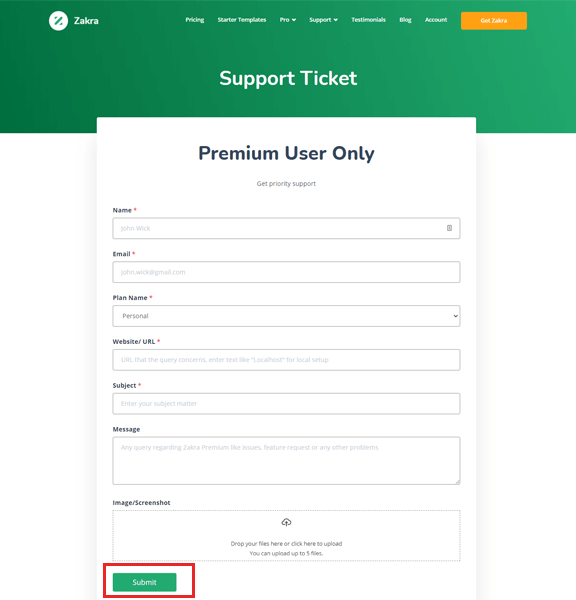 Zakra Premium Support Ticket
