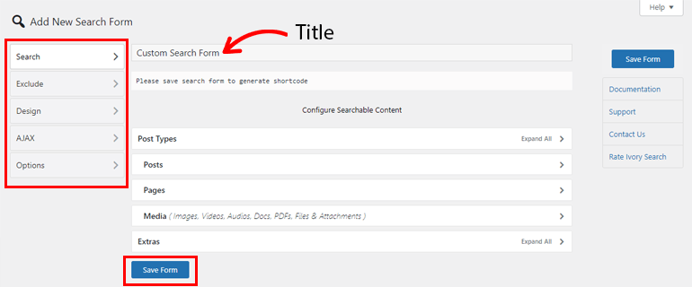 Add New Search Form Settings
