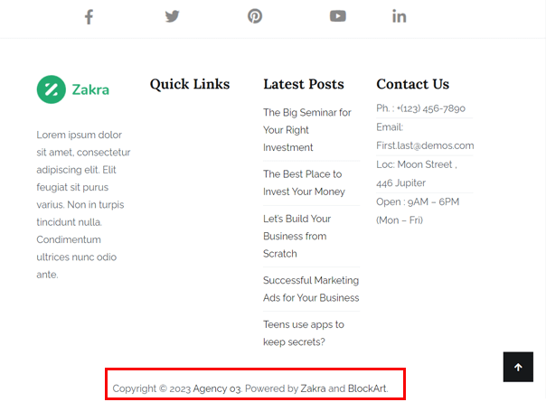 Copyright Info with Theme Name for Zakra